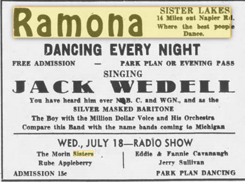 Ramona Ballroom/Dance Pavilion at Sister Lakes - 14 Jul 1934 Ad